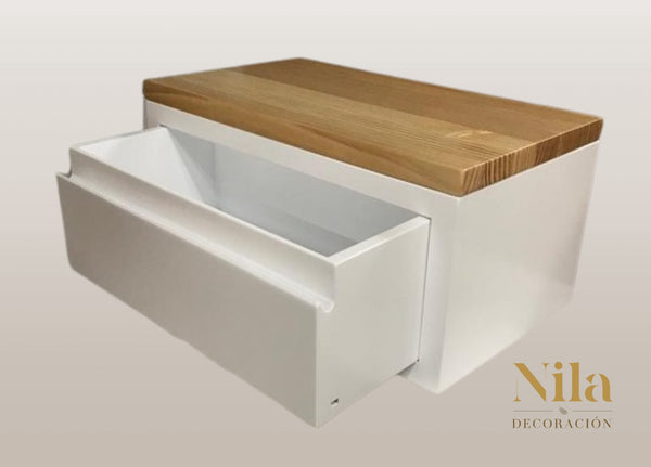 Mesilla de noche, Ménsula de madera con un cajón. (35x20x17)