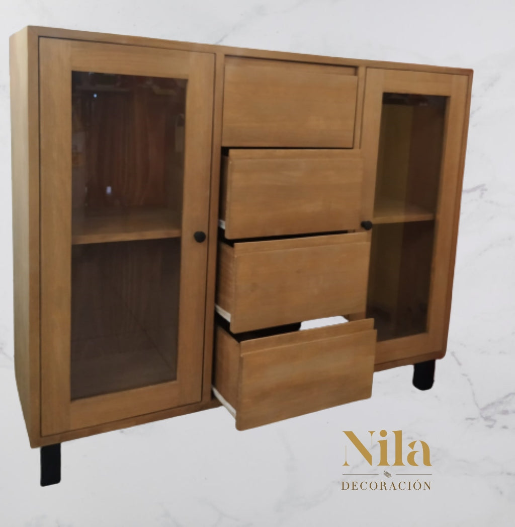 Mueble Auxiliar Aparador con cuatro cajones, dos puertas con cristal y baldas al centro.