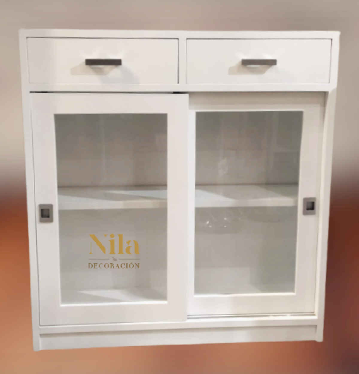 Mueble Recibidor dos cajones superiores, dos puertas correderas con cristal y balda interior.