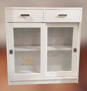 Mueble Recibidor dos cajones superiores, dos puertas correderas con cristal y balda interior.