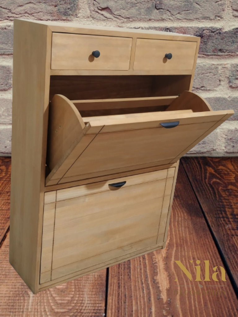 Mueble zapatero de madera con dos cajones y dos portones para calzado. –  Nila Decoración