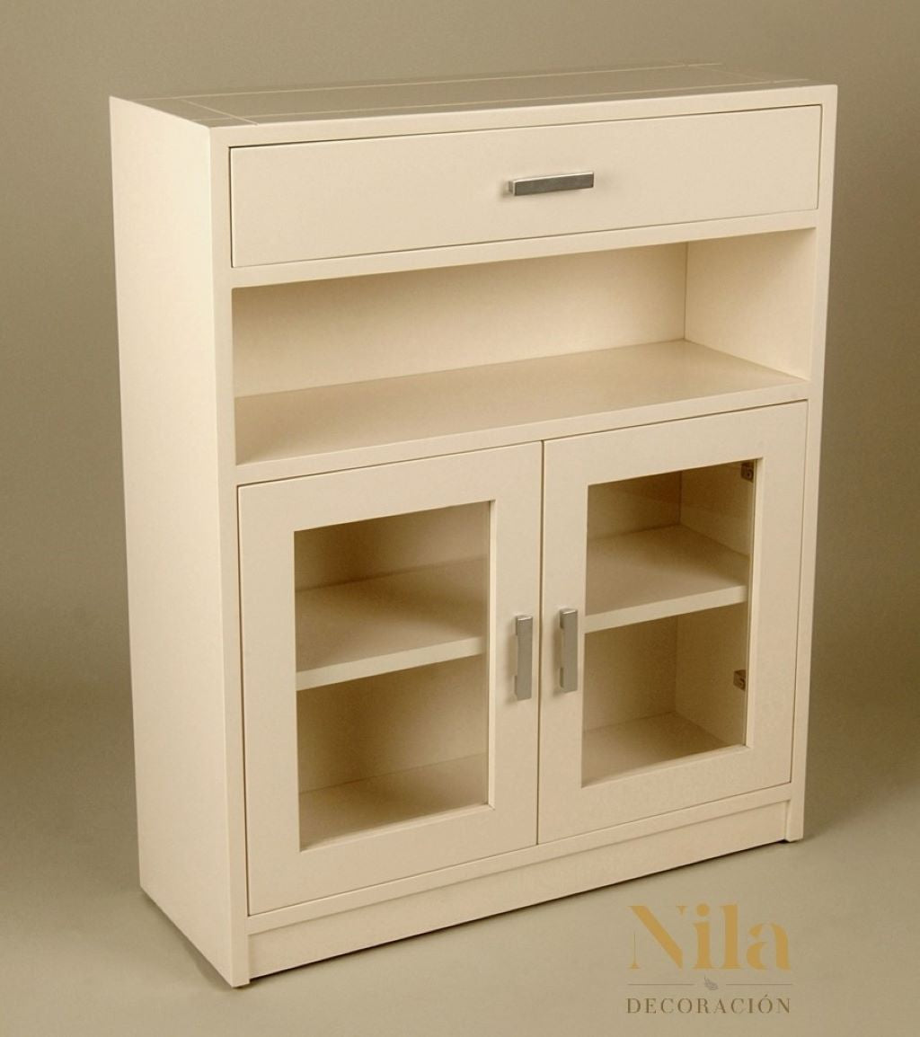 Mueble Recibidor con cajón superior, vano, dos puertas con cristal y con balda interior.