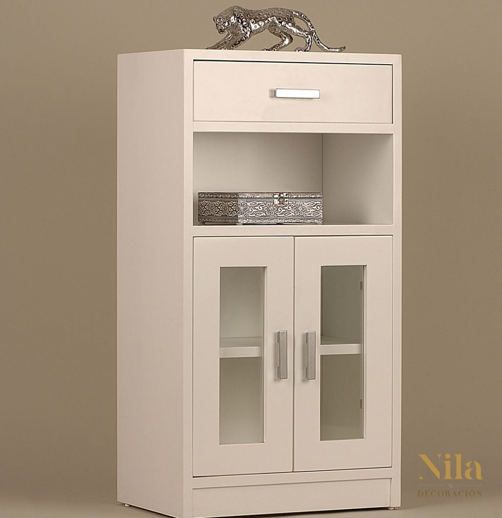 Mueble Recibidor con cajón superior, vano, dos puertas con cristal y balda interior.